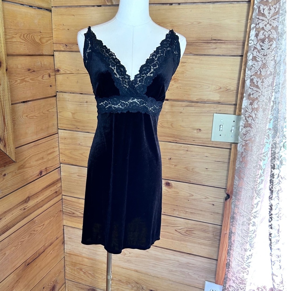 Vintage Velvet Lace Slip Dress Womens Large Black Goth Whimsygoth Party 90s Vamp